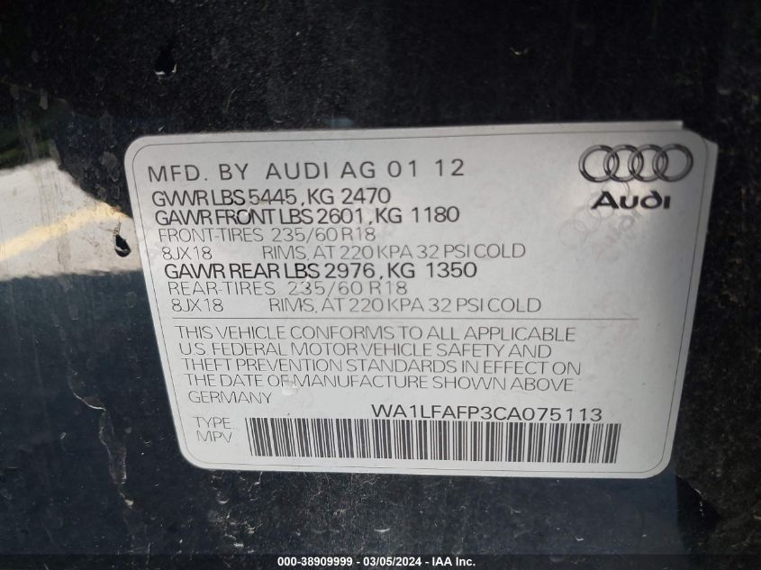 2012 Audi Q5 2.0T Premium VIN: WA1LFAFP3CA075113 Lot: 38909999