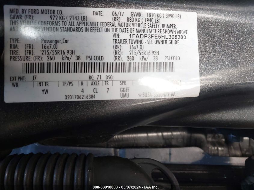 1FADP3FE5HL308380 2017 Ford Focus Se