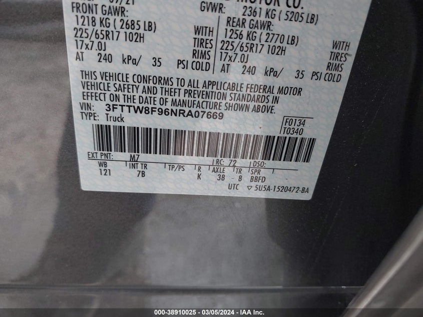 VIN 3FTTW8F96NRA07669 2022 FORD MAVERICK XLT