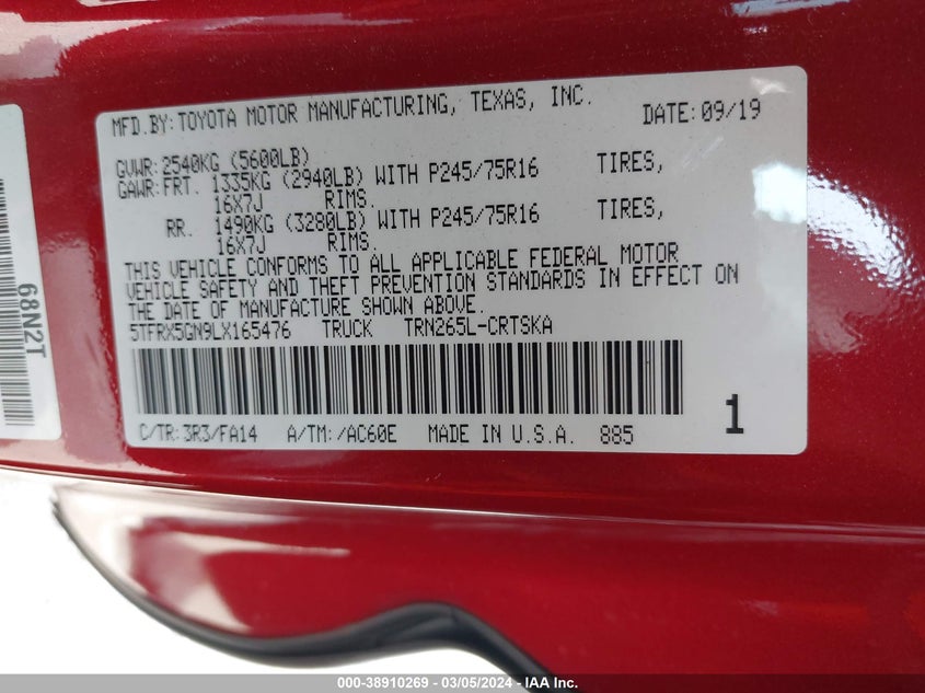 2020 TOYOTA TACOMA SR - 5TFRX5GN9LX165476