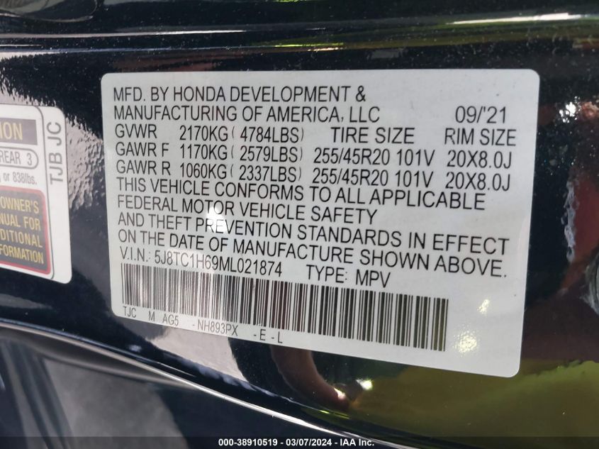 2021 Acura Rdx A-Spec Package VIN: 5J8TC1H69ML021874 Lot: 38910519