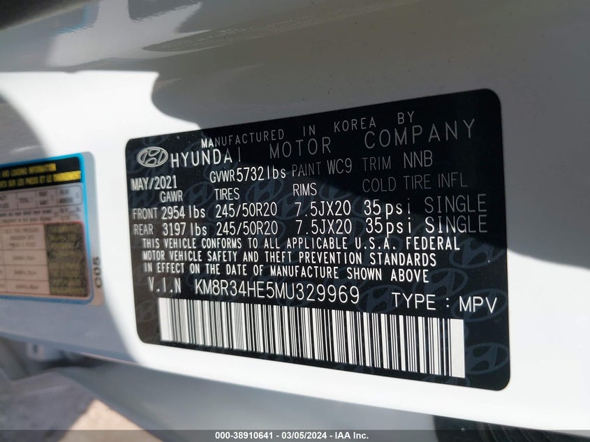 VIN KM8R34HE5MU329969 2021 HYUNDAI PALISADE SEL
