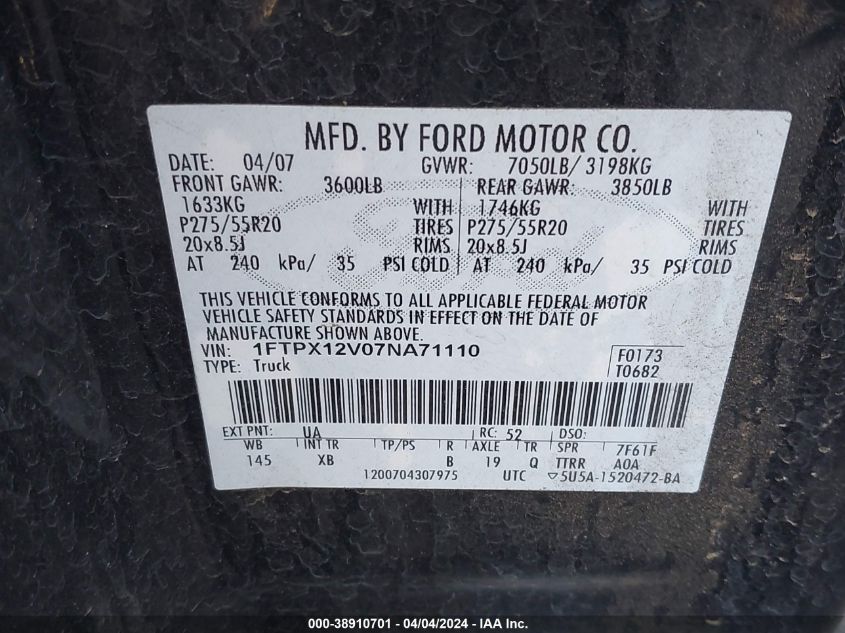 2007 Ford F-150 Lariat/Stx/Xl/Xlt VIN: 1FTPX12V07NA71110 Lot: 38910701