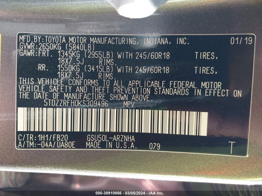 2019 TOYOTA HIGHLANDER VIN: 5TDZZRFH0KS309496
