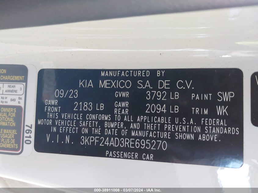 2024 KIA FORTE LXS - 3KPF24AD3RE695270