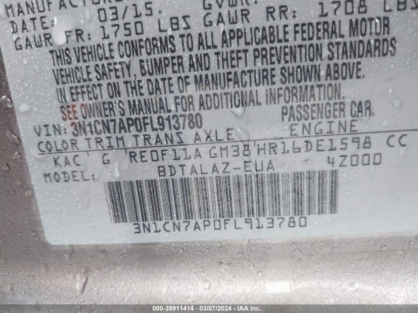 2015 NISSAN VERSA S/S PLUS/SV/SL - 3N1CN7AP0FL913780