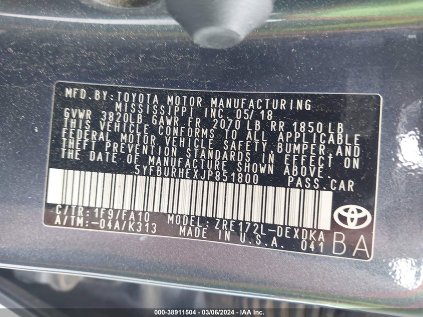 2018 TOYOTA COROLLA L/LE/XLE/SE/XSE - 5YFBURHEXJP851800