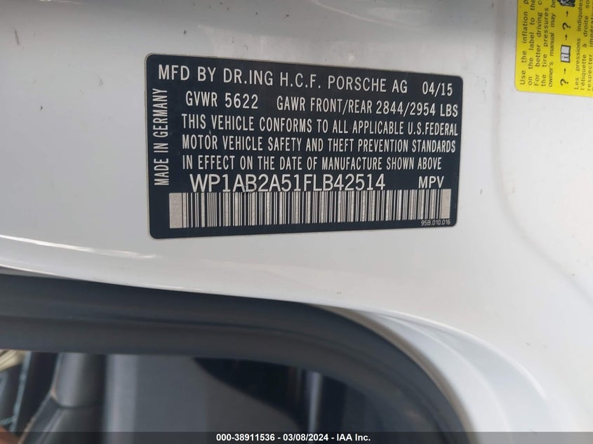 2015 PORSCHE MACAN S - WP1AB2A51FLB42514