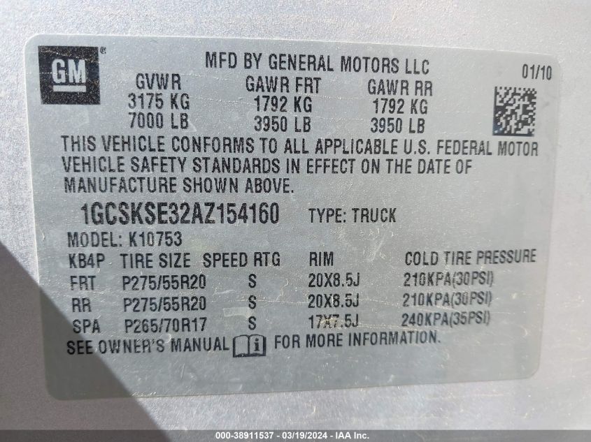 1GCSKSE32AZ154160 2010 Chevrolet Silverado 1500 Lt