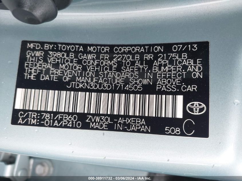 2013 Toyota Prius Two VIN: JTDKN3DU3D1714505 Lot: 38911732