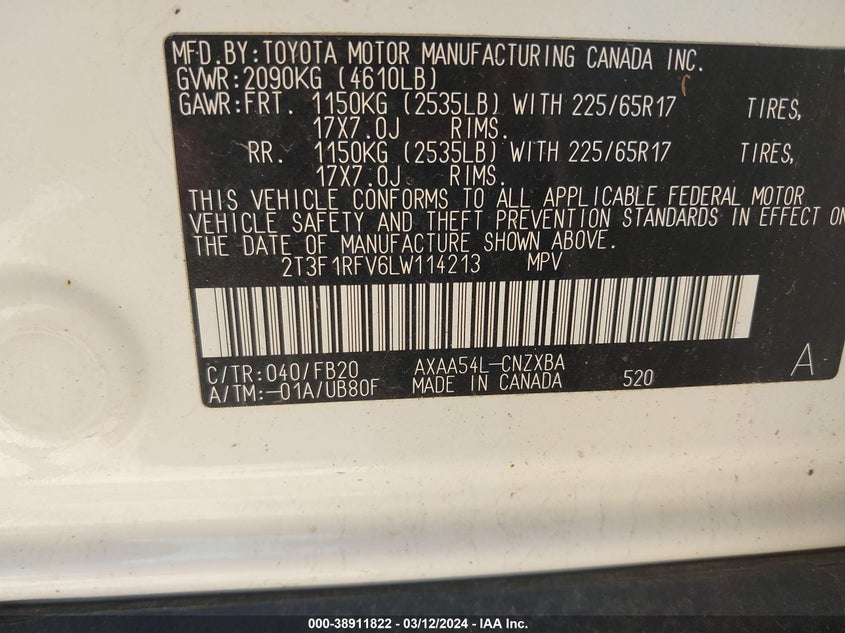 VIN 2T3F1RFV6LW114213 2020 TOYOTA RAV4 LE
