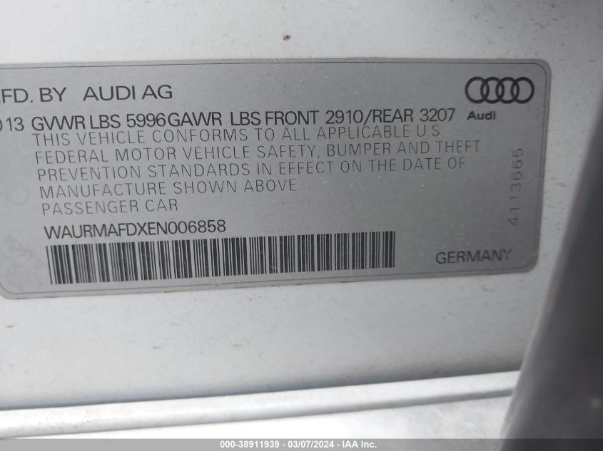 2014 Audi A8 L 3.0 Tdi VIN: WAURMAFDXEN006858 Lot: 38911939