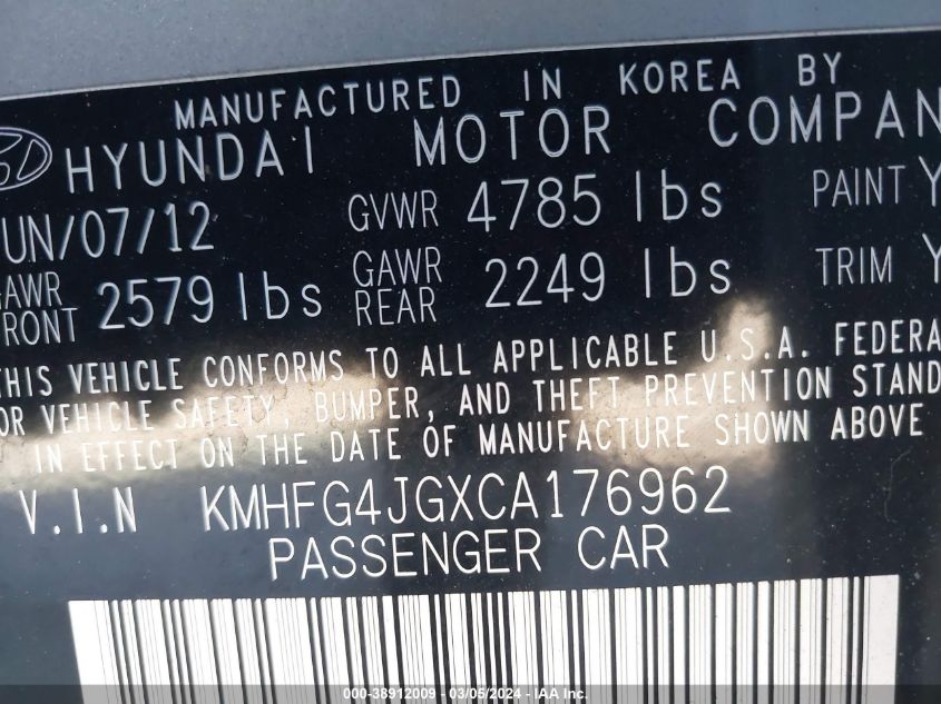 2012 Hyundai Azera VIN: KMHFG4JGXCA176962 Lot: 38912009