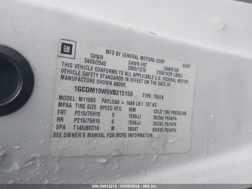 1997 Chevrolet Astro VIN: 1GCDM19W9VB215150 Lot: 39873165