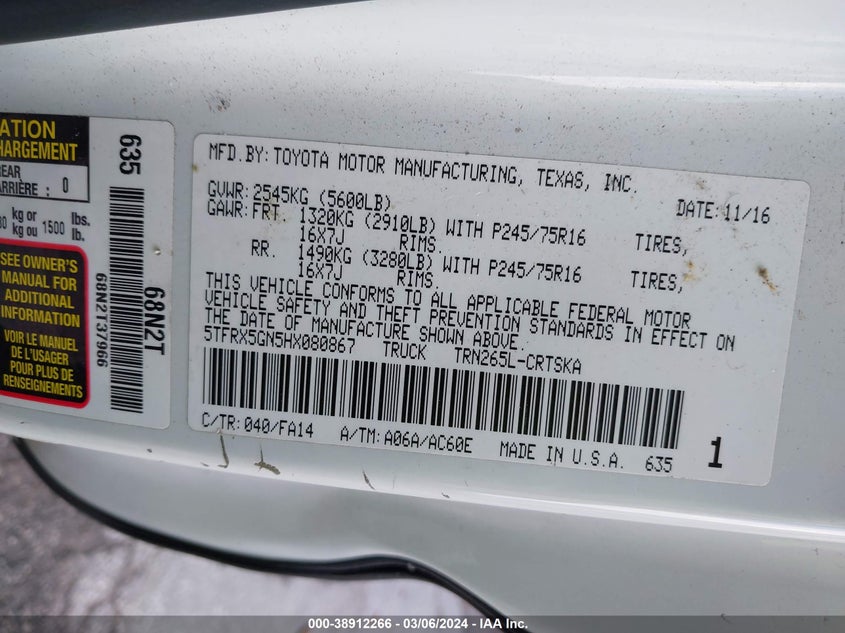 2017 TOYOTA TACOMA SR - 5TFRX5GN5HX080867