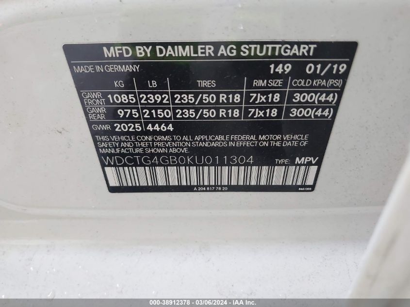 2019 MERCEDES-BENZ GLA 250 VIN: WDCTG4GB0KU011304
