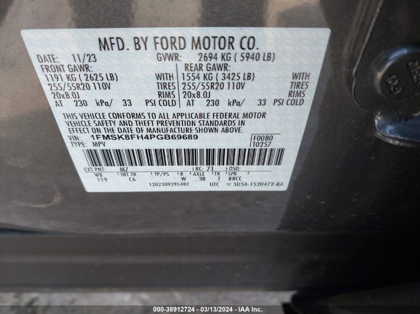 2023 Ford Explorer Limited VIN: 1FMSK8FH4PGB69689 Lot: 38912724