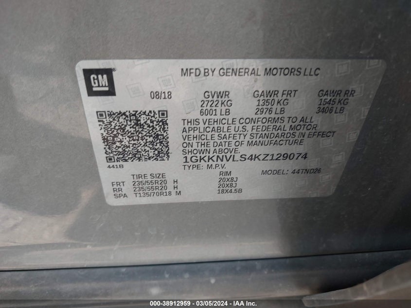 VIN 1GKKNVLS4KZ129074 2019 GMC ACADIA SLT-1