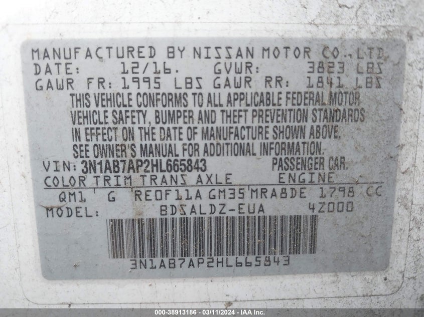 VIN 3N1AB7AP2HL665843 2017 NISSAN SENTRA SV