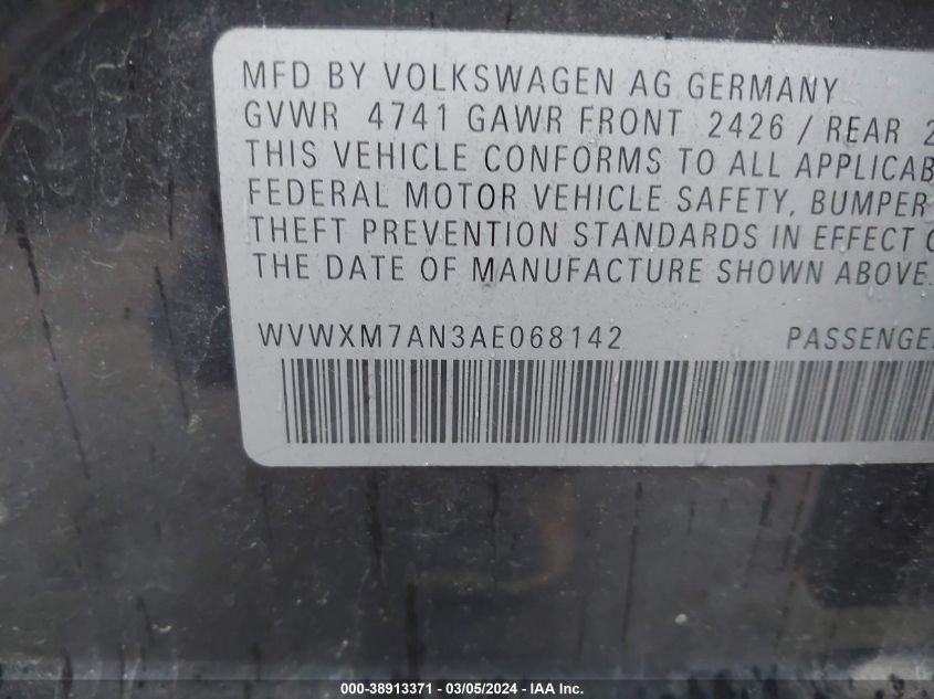 WVWXM7AN3AE068142 2010 Volkswagen Passat Komfort