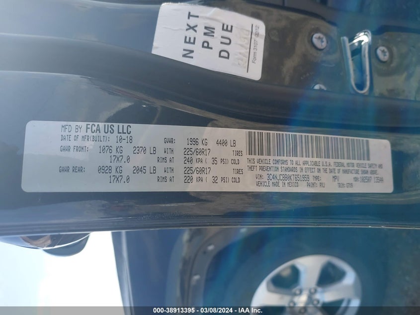 VIN 3C4NJCBB0KT651959 2019 JEEP COMPASS LATITUDE FWD
