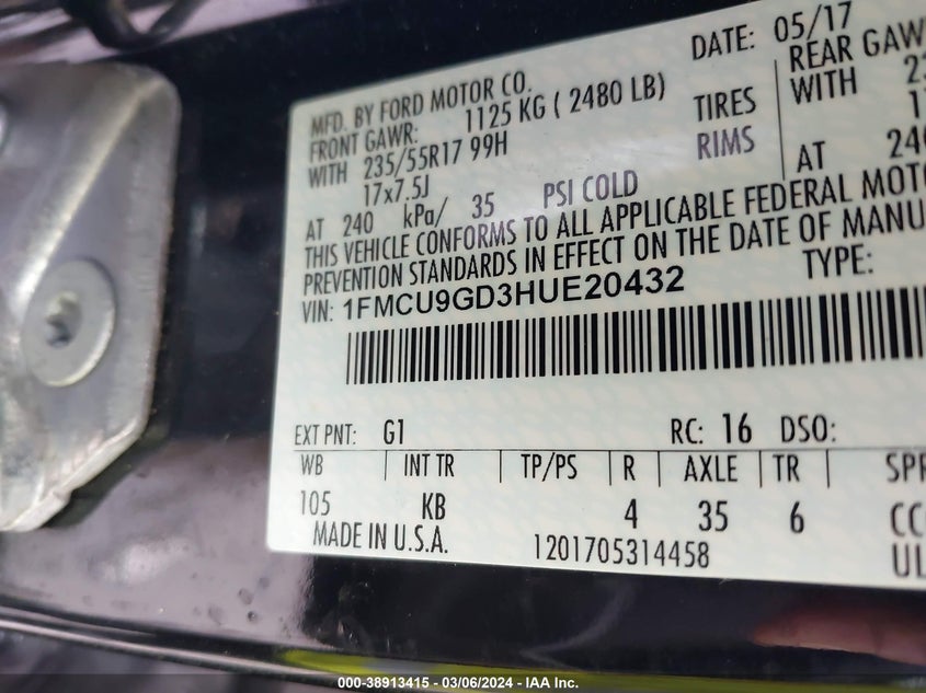 VIN 1FMCU9GD3HUE20432 2017 FORD ESCAPE SE