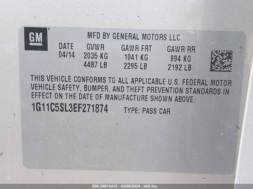 2014 Chevrolet Malibu 1Lt VIN: 1G11C5SL3EF271874 Lot: 38913418