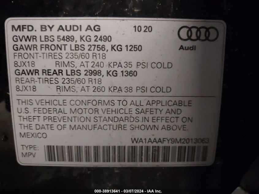 2021 Audi Q5 Premium 45 Tfsi Quattro S Tronic VIN: WA1AAAFY9M2013063 Lot: 38913641