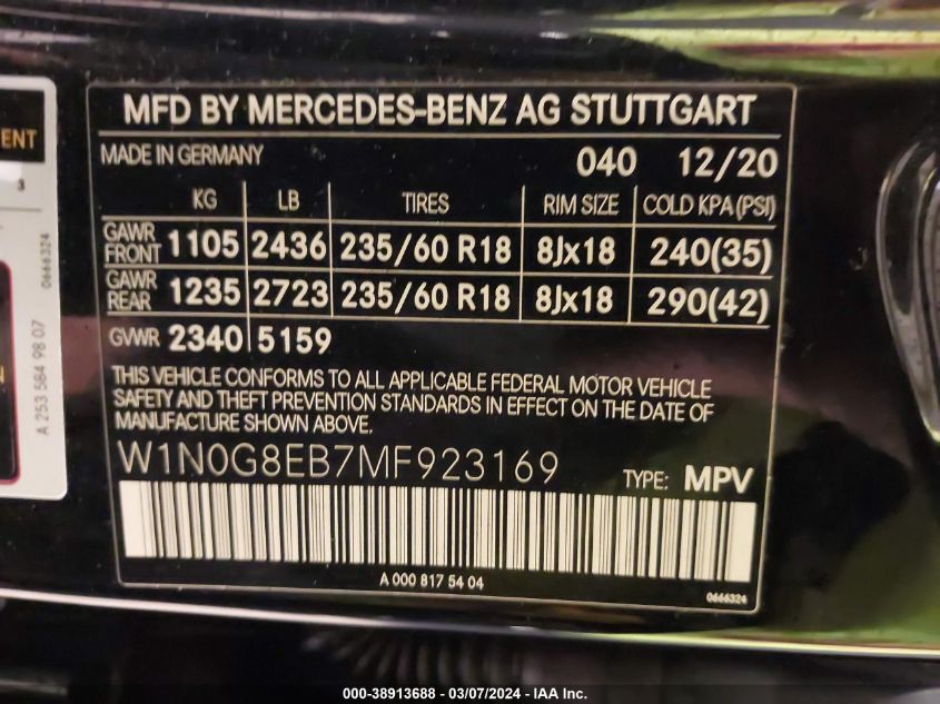 2021 MERCEDES-BENZ GLC 300 VIN: W1N0G8EB7MF923169