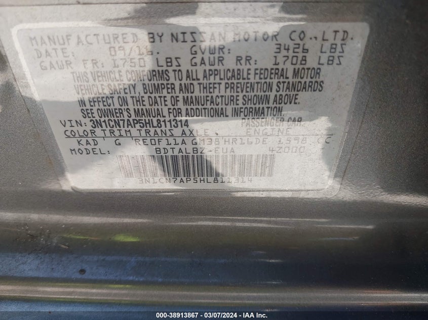 2017 NISSAN VERSA S/S PLUS/SV/SL - 3N1CN7AP5HL811314