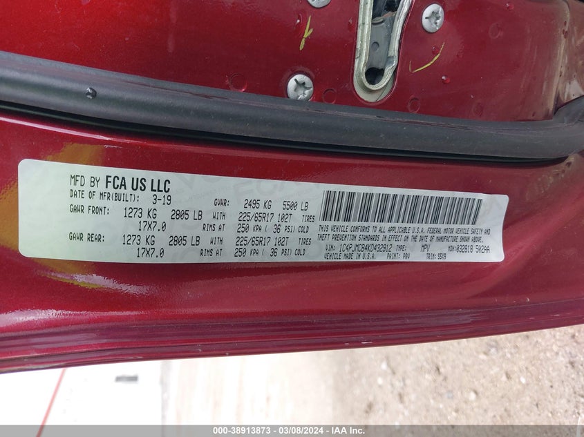 VIN 1C4PJMCB4KD432912 2019 JEEP CHEROKEE LATITUDE