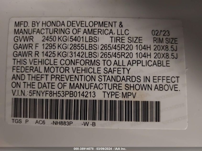 2023 Honda Passport Awd Ex-L VIN: 5FNYF8H53PB014213 Lot: 38914078