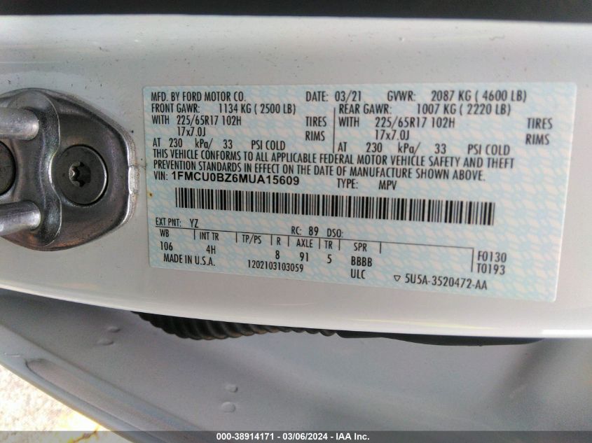 2021 Ford Escape Se Hybrid VIN: 1FMCU0BZ6MUA15609 Lot: 38914171