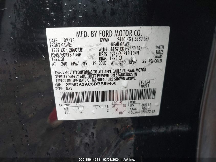 2FMDK3KC6DBB89466 2013 Ford Edge Limited