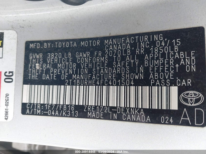 2015 TOYOTA COROLLA LE - 2T1BURHE4FC401504