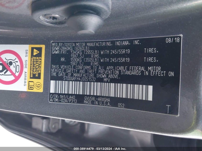 2018 TOYOTA HIGHLANDER HYBRID VIN: 5TDDGRFH4JS051532