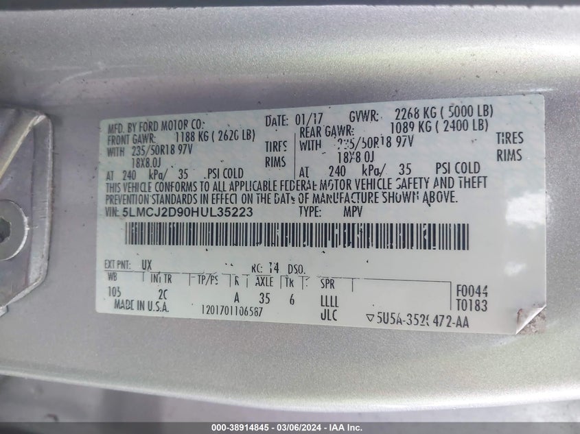 VIN 5LMCJ2D90HUL35223 2017 LINCOLN MKC SELECT