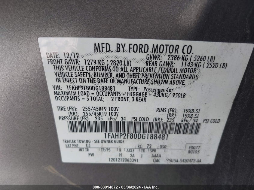 2013 FORD TAURUS LIMITED - 1FAHP2F80DG188481