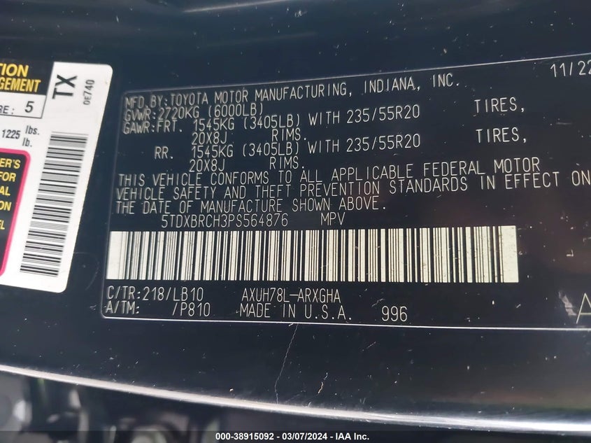 2023 TOYOTA HIGHLANDER VIN: 5TDXBRCH3PS564876