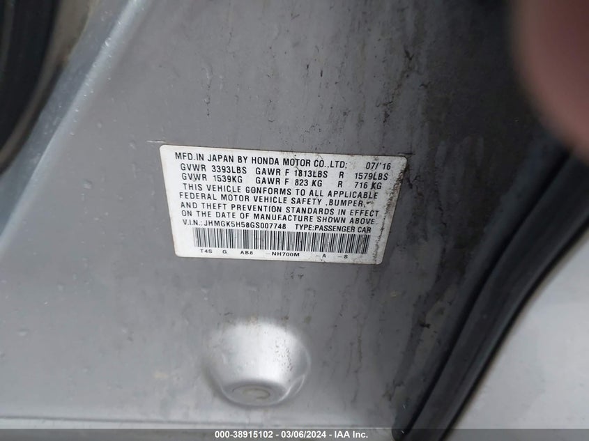 2016 HONDA FIT LX - JHMGK5H58GS007748