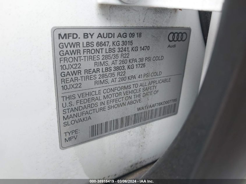 2019 Audi Q7 55 Premium VIN: WA1VAAF76KD007795 Lot: 38915419