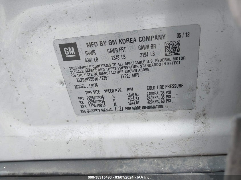 VIN KL7CJNSB0JB712257 2018 CHEVROLET TRAX LS