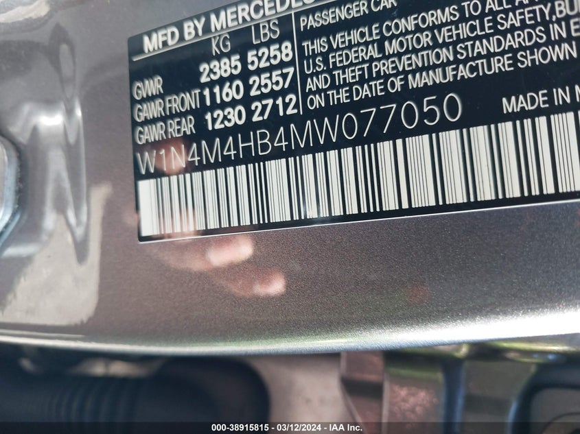 2021 MERCEDES-BENZ GLB 250 VIN: W1N4M4HB4MW077050