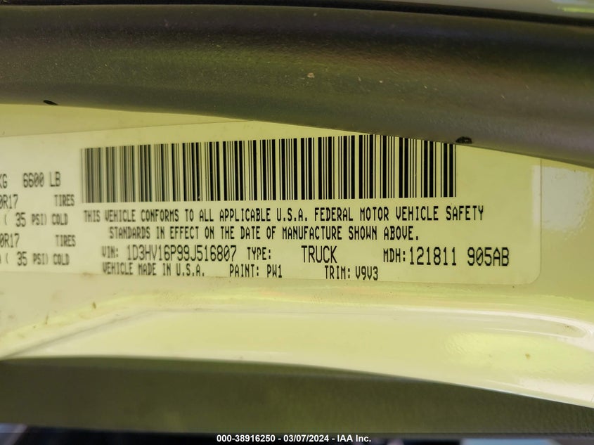2009 Dodge Ram 1500 Slt/Trx VIN: 1D3HV16P99J516807 Lot: 38916250