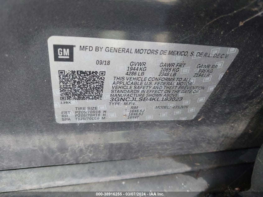 2019 CHEVROLET TRAX 1LT - 3GNCJLSB4KL183023