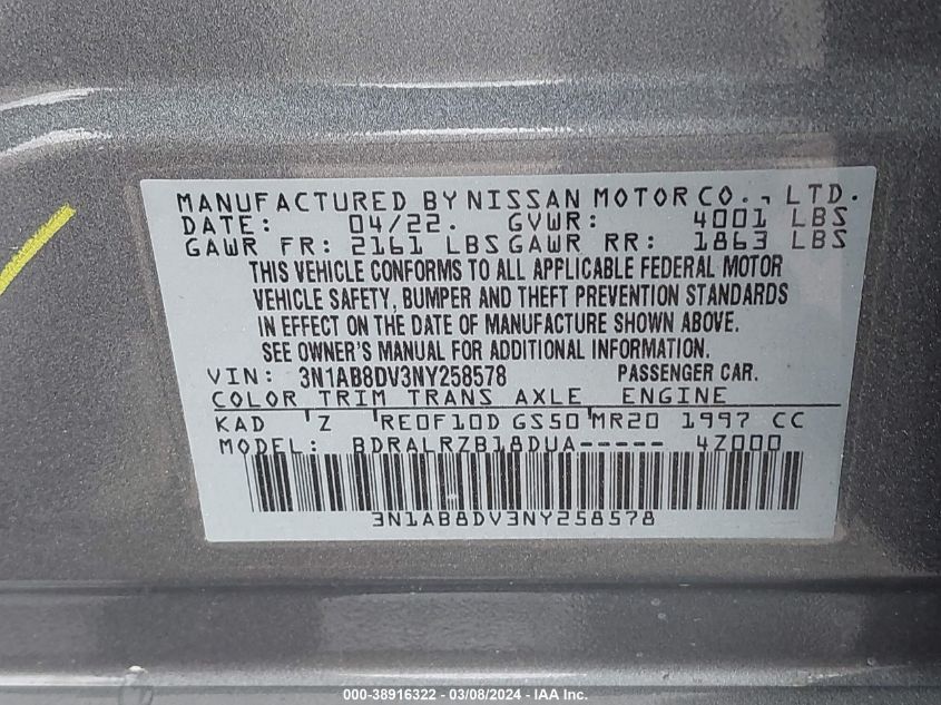 2022 Nissan Sentra Sr Xtronic Cvt VIN: 3N1AB8DV3NY258578 Lot: 38916322