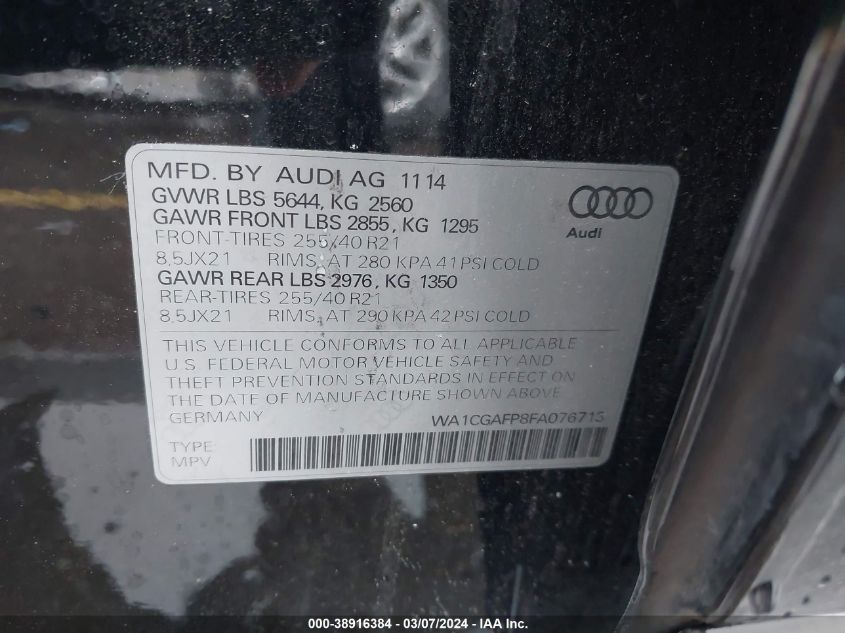 2015 Audi Sq5 3.0T Premium Plus VIN: WA1CGAFP8FA076713 Lot: 38916384