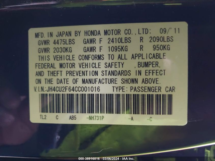 JH4CU2F64CC001016 2012 Acura Tsx 2.4