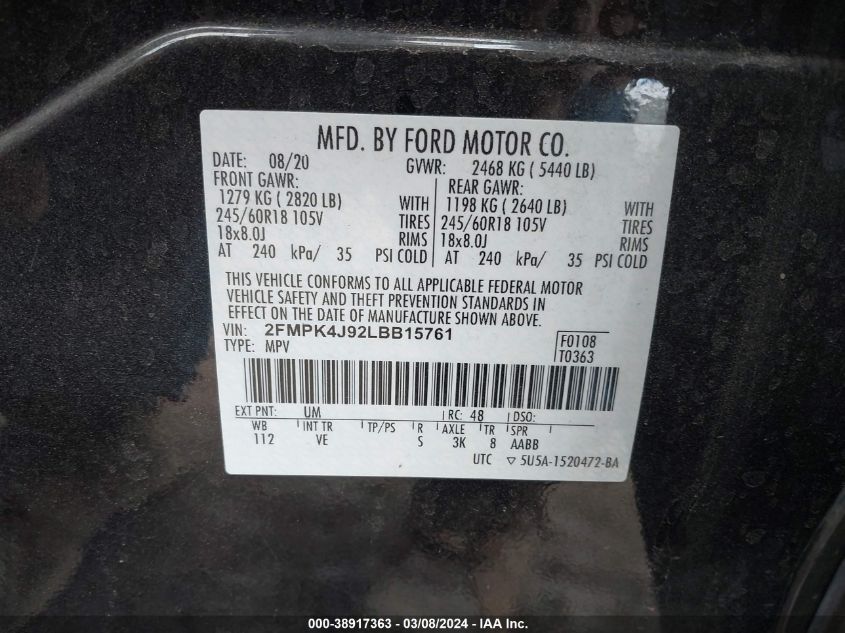 2FMPK4J92LBB15761 2020 Ford Edge Sel