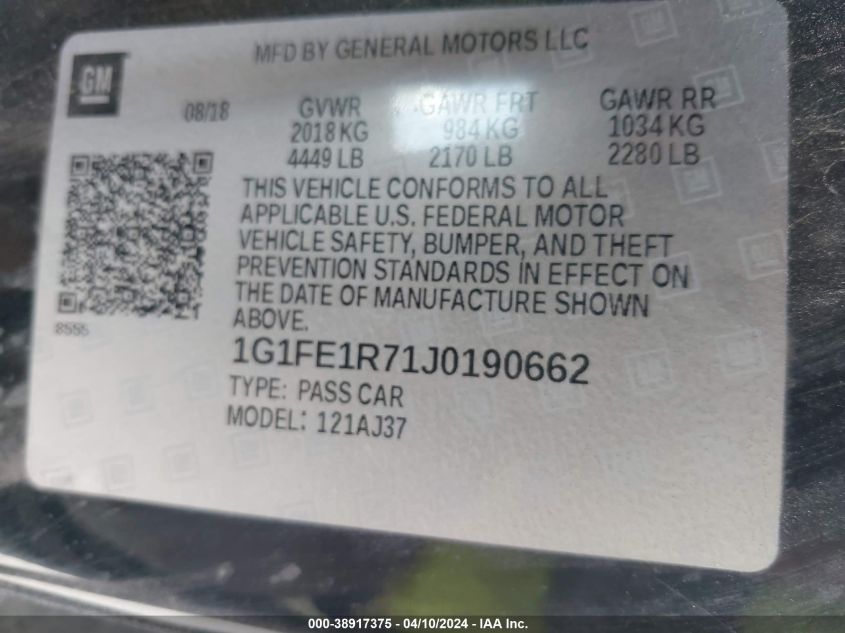 2018 Chevrolet Camaro 1Ss VIN: 1G1FE1R71J0190662 Lot: 38917375